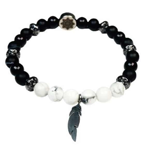 Fashion Feather Men Bracelet - Howlite & Onyx Beads - Feather Charm - Picture 1 of 5
